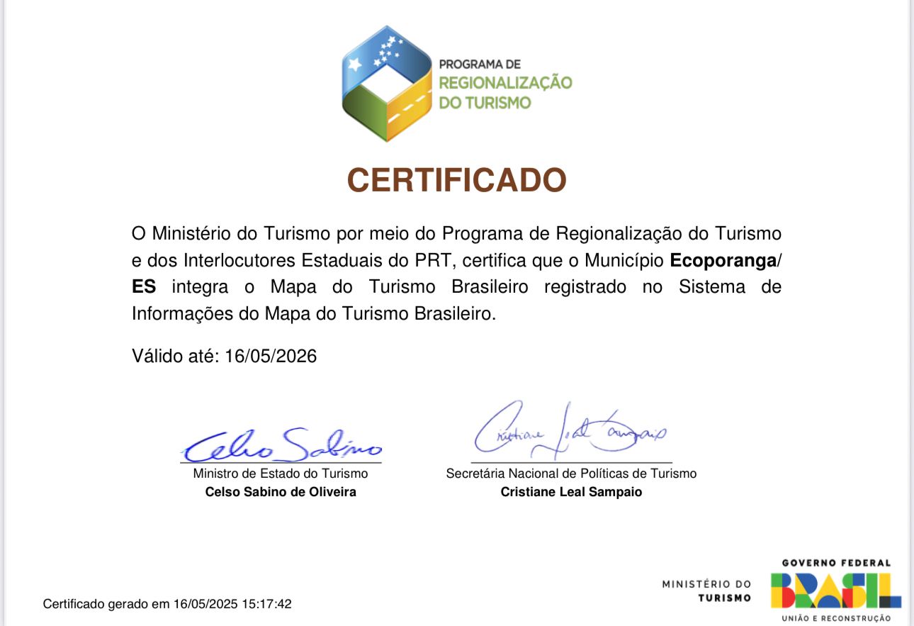 Ecoporanga segue no Mapa do Turismo Brasileiro  Reconhecimento reforça potencial turístico da cidade e abre portas para novos investimentos